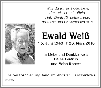 Traueranzeige von Ewald Weiß von Allgäuer Zeitung, Kaufbeuren/Buchloe