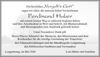 Traueranzeige von Ferdinand Huber von Allgäuer Zeitung, Marktoberdorf
