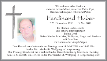Traueranzeige von Ferdinand Huber von Allgäuer Zeitung, Marktoberdorf