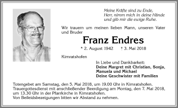 Traueranzeige von Franz Endres von Allgäuer Zeitung,Kempten