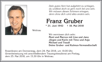 Traueranzeige von Franz Gruber von Allgäuer Zeitung,Kempten