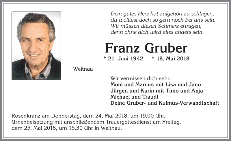  Traueranzeige für Franz Gruber vom 23.05.2018 aus Allgäuer Zeitung,Kempten