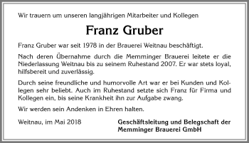 Traueranzeige von Franz Gruber von Allgäuer Zeitung