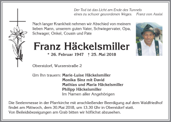 Traueranzeige von Franz Häckelsmiller von Allgäuer Anzeigeblatt