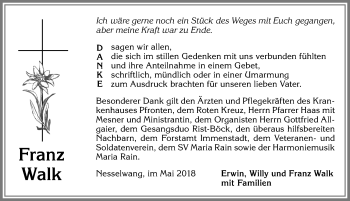 Traueranzeige von Franz Walk von Allgäuer Zeitung, Füssen