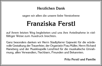Traueranzeige von Franziska Ferstl von Allgäuer Zeitung,Kempten