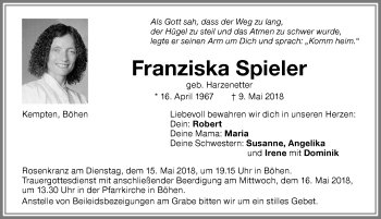 Traueranzeige von Franziska Spieler von Memminger Zeitung