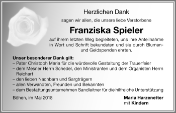 Traueranzeige von Franziska Spieler von Memminger Zeitung