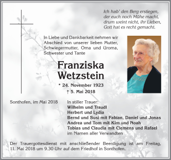Traueranzeige von Franziska Wetzstein von Allgäuer Anzeigeblatt