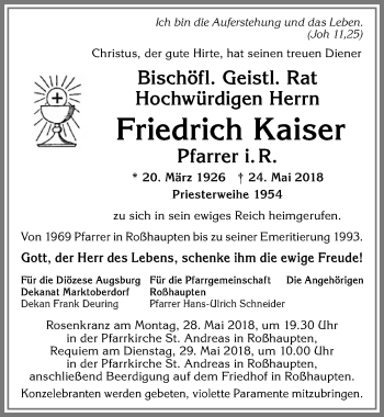 Traueranzeige von Friedrich Kaiser von Allgäuer Zeitung, Füssen