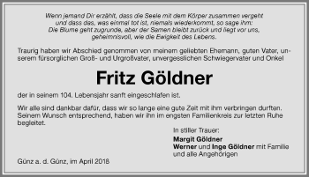 Traueranzeige von Fritz Göldner von Memminger Zeitung