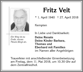 Traueranzeige von Fritz Veit von Allgäuer Zeitung,Kempten