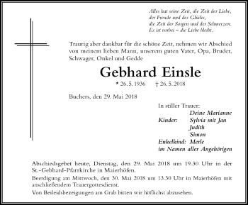 Traueranzeige von Gebhard Einsle von Der Westallgäuer