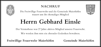 Traueranzeige von Gebhard Einsle von Der Westallgäuer