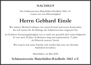 Traueranzeige von Gebhard Einsle von Der Westallgäuer