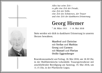 Traueranzeige von Georg Hiemer von Memminger Zeitung