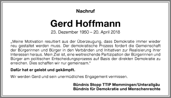 Traueranzeige von Gerd Hoffmann von Memminger Zeitung