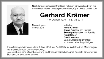 Traueranzeige von Gerhard Krämer von Memminger Zeitung