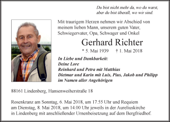 Traueranzeige von Gerhard Richter von Der Westallgäuer