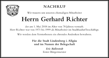 Traueranzeige von Gerhard Richter von Der Westallgäuer