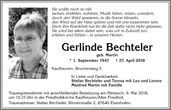 Traueranzeige von Gerlinde Bechteler von Allgäuer Zeitung, Kaufbeuren/Buchloe