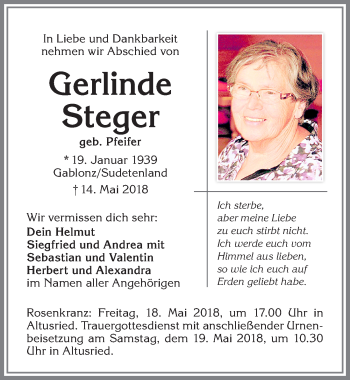 Traueranzeige von Gerlinde Steger von Allgäuer Zeitung,Kempten