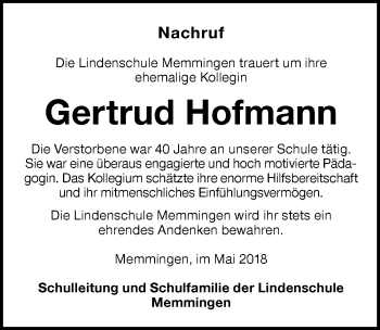 Traueranzeige von Gertrud Hofmann von Memminger Zeitung