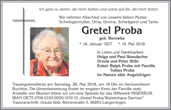 Traueranzeige von Gretel Proba von Allgäuer Zeitung, Kaufbeuren/Buchloe