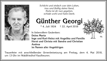 Traueranzeige von Günther Georgi von Allgäuer Zeitung, Kaufbeuren/Buchloe