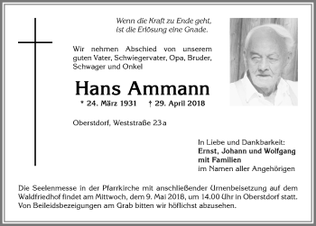 Traueranzeige von Hans Ammann von Allgäuer Anzeigeblatt