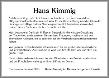Traueranzeige von Hans Kimmig von Allgäuer Zeitung, Kaufbeuren/Buchloe