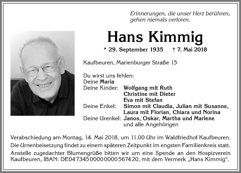  Traueranzeige für Hans Kimmig vom 11.05.2018 aus Allgäuer Zeitung, Kaufbeuren/Buchloe