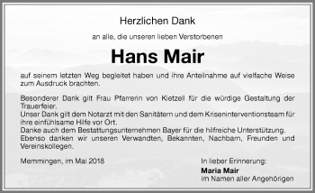 Traueranzeige von Hans Mair von Memminger Zeitung
