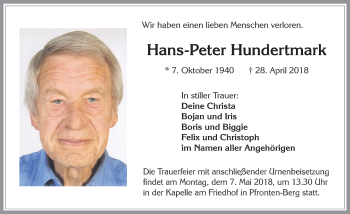 Traueranzeige von Hans-Peter Hundertmark von Allgäuer Zeitung, Füssen