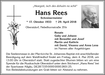 Traueranzeige von Hans Rees von Allgäuer Anzeigeblatt