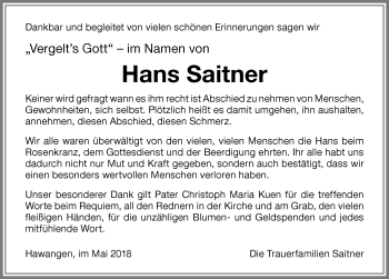 Traueranzeige von Hans Saitner von Memminger Zeitung