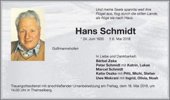 Traueranzeige von Hans Schmidt von Memminger Zeitung