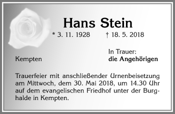Traueranzeige von Hans Stein von Allgäuer Zeitung,Kempten