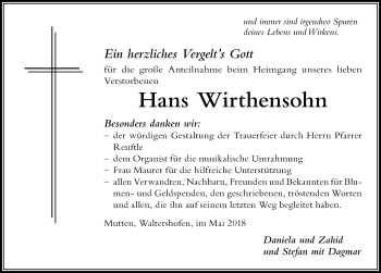Traueranzeige von Hans Wirthensohn von Der Westallgäuer