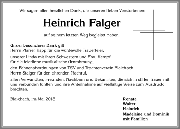 Traueranzeige von Heinrich Falger von Allgäuer Anzeigeblatt