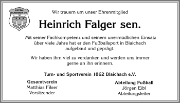 Traueranzeige von Heinrich Falger von Allgäuer Anzeigeblatt