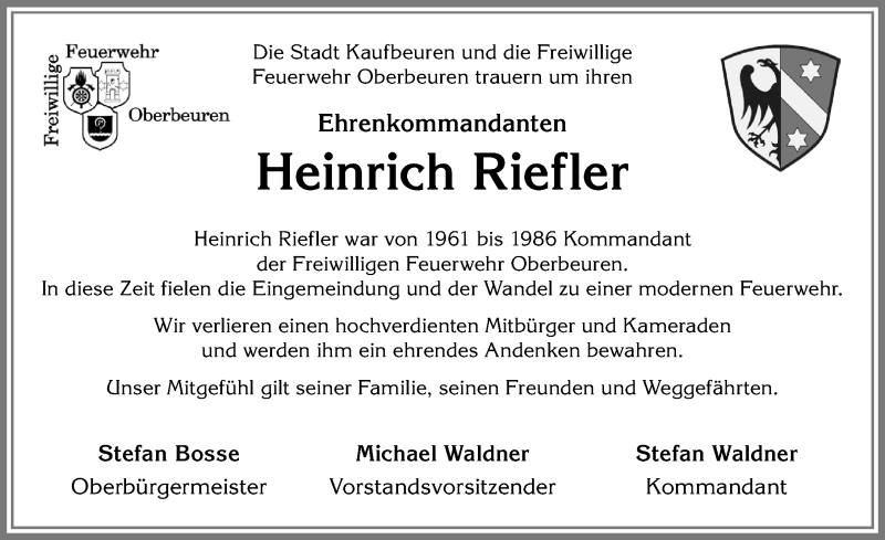  Traueranzeige für Heinrich Riefler vom 19.05.2018 aus Allgäuer Zeitung, Kaufbeuren/Buchloe