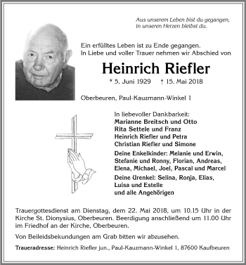 Traueranzeige von Heinrich Riefler von Allgäuer Zeitung, Kaufbeuren/Buchloe