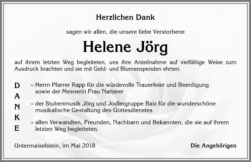  Traueranzeige für Helene Jörg vom 09.05.2018 aus Allgäuer Anzeigeblatt