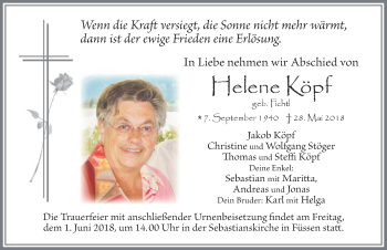 Traueranzeige von Helene Köpf von Allgäuer Zeitung, Füssen