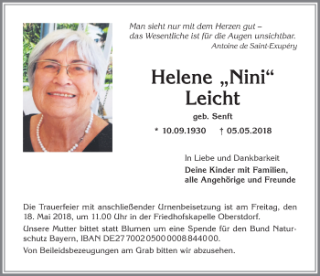 Traueranzeige von Helene Leicht von Allgäuer Anzeigeblatt
