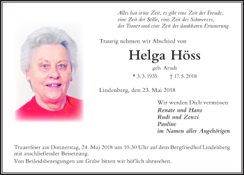 Traueranzeige von Helga Höss von Der Westallgäuer