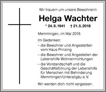 Traueranzeige von Helga Wachter von Memminger Zeitung