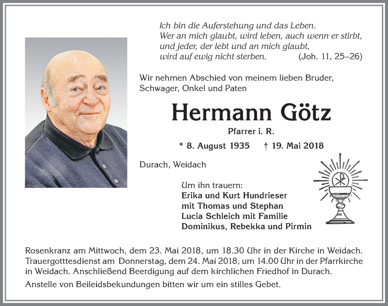  Traueranzeige für Hermann Götz vom 22.05.2018 aus Allgäuer Zeitung,Kempten