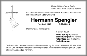 Traueranzeige von Hermann Spengler von Memminger Zeitung